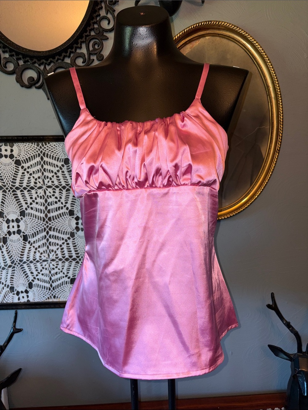 Cotton Express Shiny Rose-Pink Satin Gathered Bust Tank